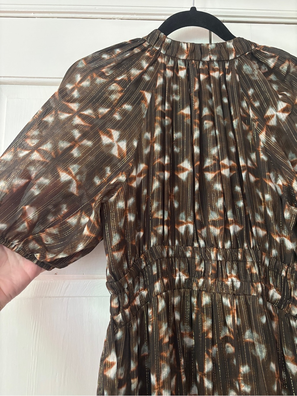 Ulla Johnson Tunis Midi Dress 100% Silk Olive Prism Metallic Puff Sleeve Size 4 - Picture 14 of 16
